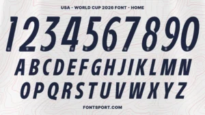 USA World Cup 2026 Home Font Kit numerals 0–9 displayed in bold italic navy — USA soccer jersey font specimen
