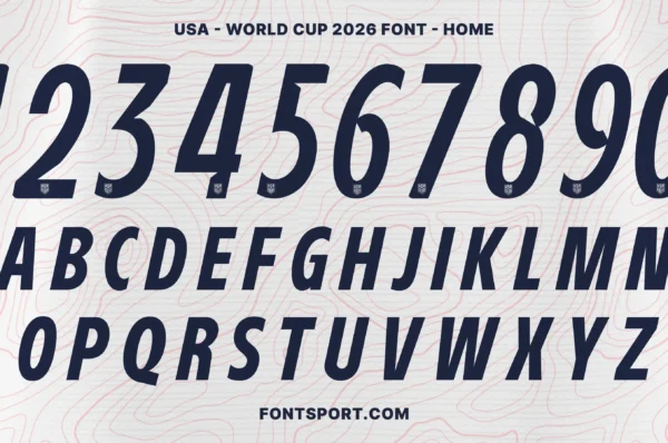 USA World Cup 2026 Home Font Kit numerals 0–9 displayed in bold italic navy — USA soccer jersey font specimen