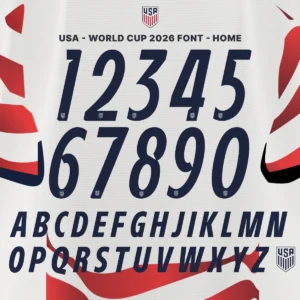 USA World Cup 2026 font kit home – full alphabet A–Z and numbers 0–9 preview on USMNT jersey