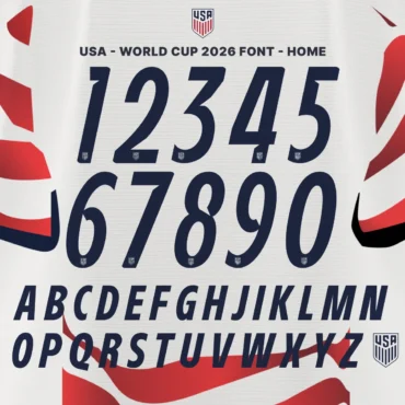 USA World Cup 2026 font kit home – full alphabet A–Z and numbers 0–9 preview on USMNT jersey