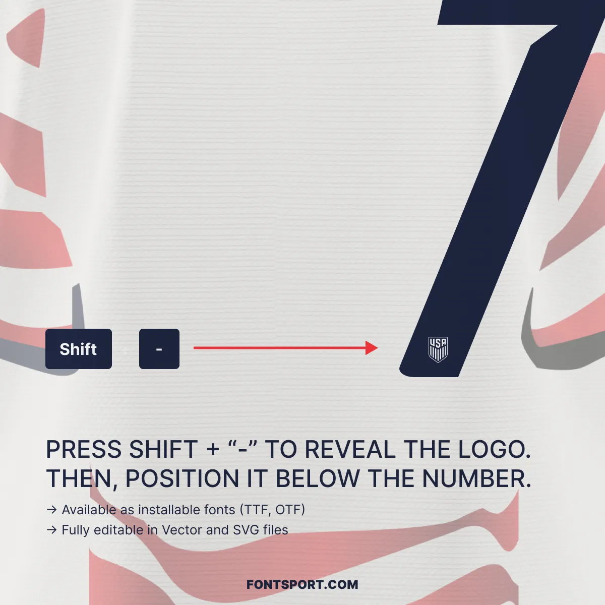 USA World Cup 2026 home font – Shift + dash shortcut to reveal USA crest glyph below number