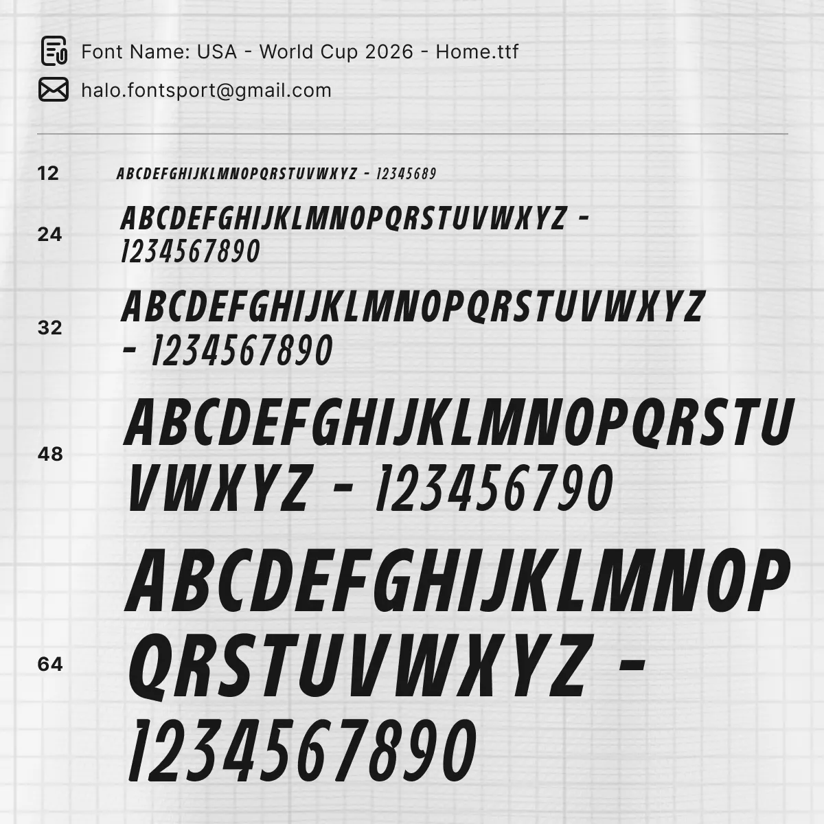 USA World Cup 2026 Home.ttf font specimen sheet – sizes 12 to 64pt full character set preview