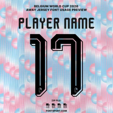 Belgium World Cup 2026 Away jersey font usage preview – player name and number 17 on Frozen Blue kit background