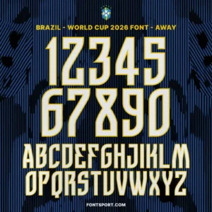 Brazil World Cup 2026 away font kit character set preview showing jersey numbers 0–9 and full alphabet A–Z football typography
