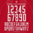 Full character set of Denmark World Cup 2026 font featuring bold white numbers 0-9 and A-Z alphabet on a red striped jersey background