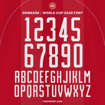 Full character set of Denmark World Cup 2026 font featuring bold white numbers 0-9 and A-Z alphabet on a red striped jersey background
