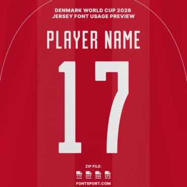 ersey back preview featuring "PLAYER NAME" and number "17" in the Denmark World Cup 2026 font style