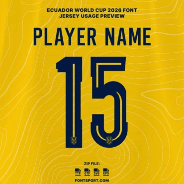 Ecuador World Cup 2026 font jersey number preview showing player name and number style for football kit design