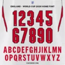England World Cup 2026 Home font kit – full alphabet and number set preview in red and black on white jersey background