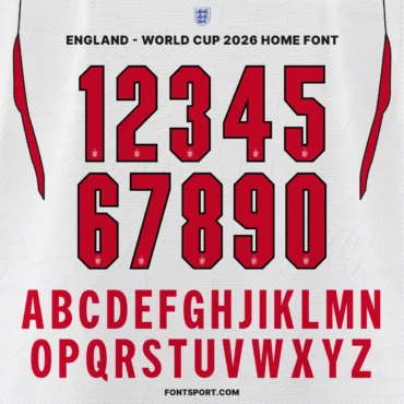 England World Cup 2026 Home font kit – full alphabet and number set preview in red and black on white jersey background