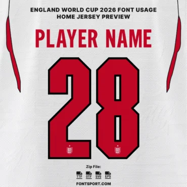 England World Cup 2026 Home font kit – player name and number 28 jersey mockup usage preview