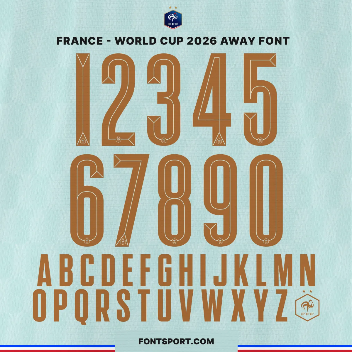 France World Cup 2026 away font kit – full alphabet and number set in copper on mint green background
