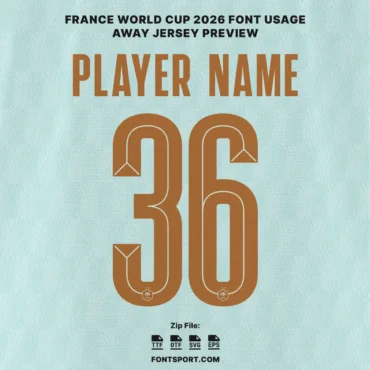 France World Cup 2026 away font kit – player name and number 36 jersey preview on mint green shirt