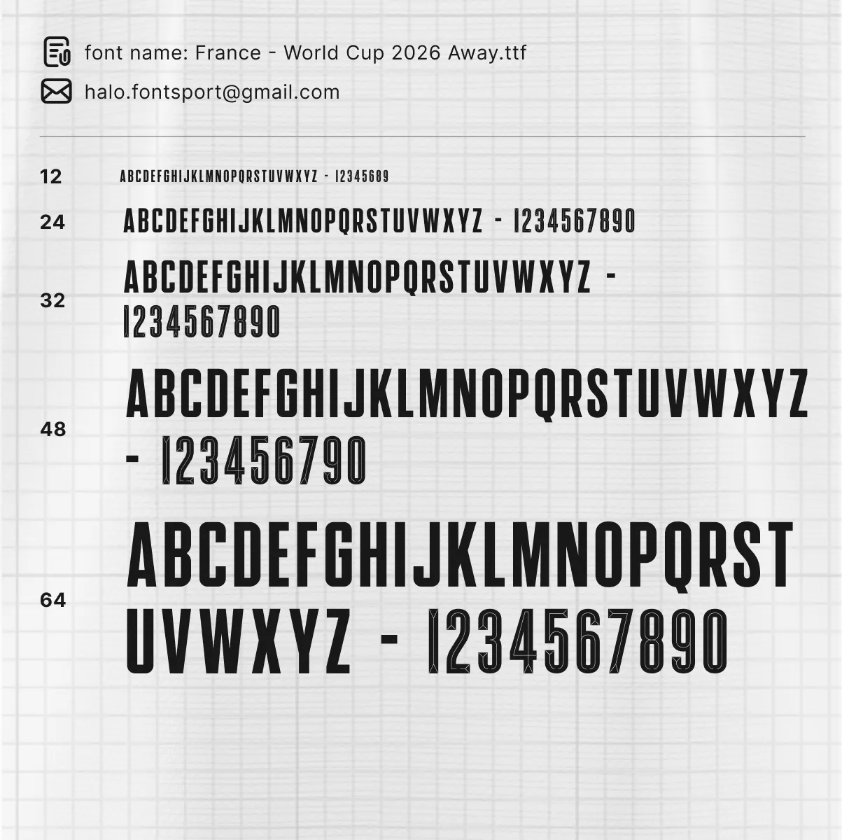France World Cup 2026 Away font specimen sheet showing TTF name and sizes from 12pt to 64pt