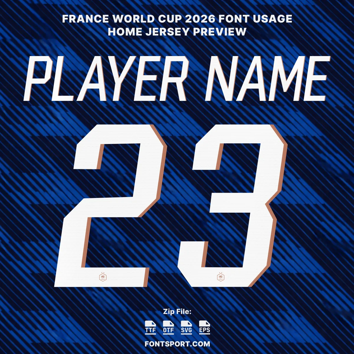 France World Cup 2026 Home font kit – jersey usage preview showing player name and number 23