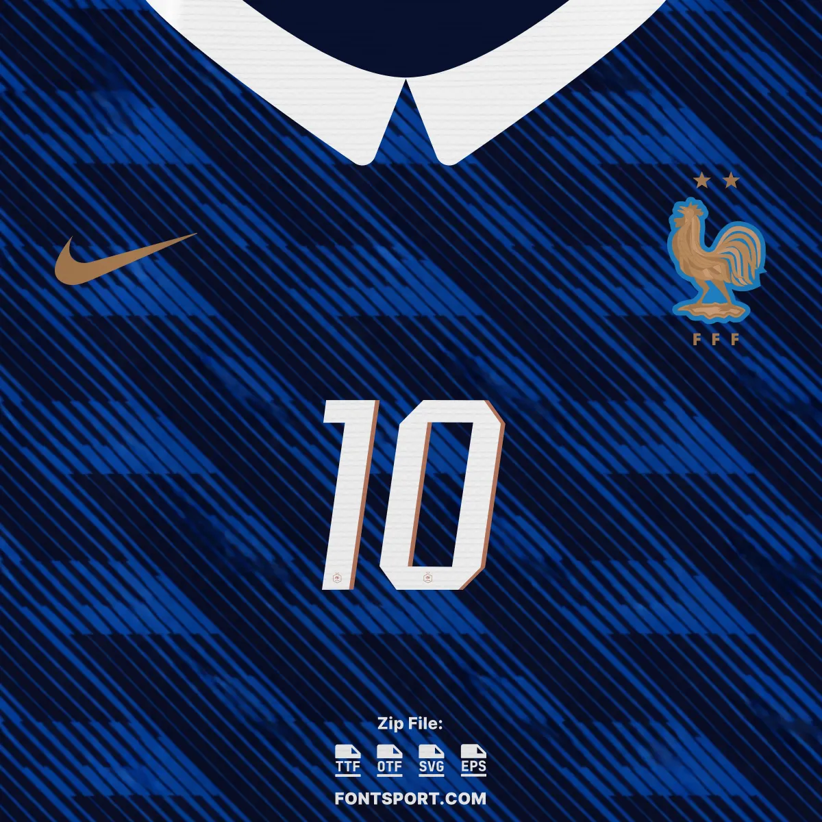France World Cup 2026 Home font kit – jersey mockup showing number 10 on Nike home shirt with FFF crest