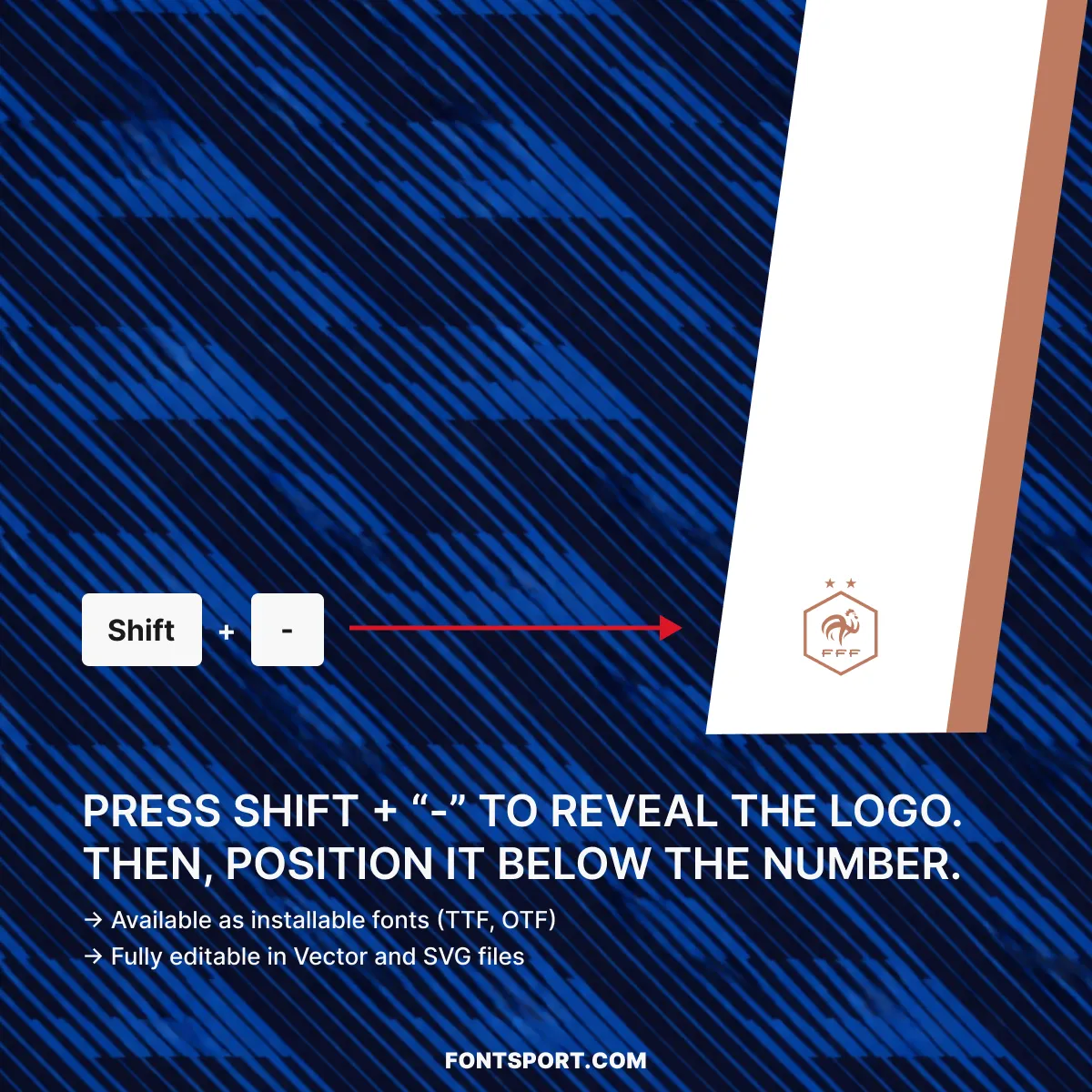 France World Cup 2026 font kit – FFF crest glyph keyboard shortcut Shift plus dash to reveal logo