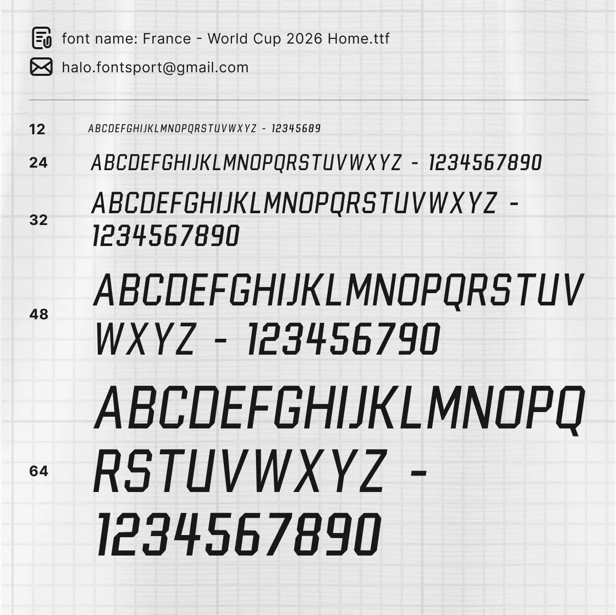 France World Cup 2026 Home font kit – typeface specimen showing font name and sizes 12 to 64pt