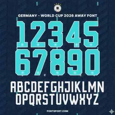 Germany 2026 World Cup Away font kit – full number and alphabet preview in mint-teal on navy background
