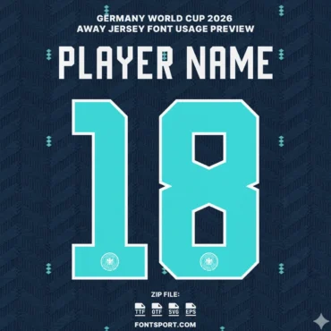 Germany 2026 World Cup Away font kit – jersey usage preview showing number 18 and player name style