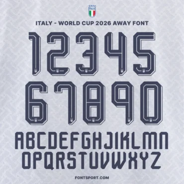Italy World Cup 2026 away font kit – full alphabet and number set preview in navy on light blue background