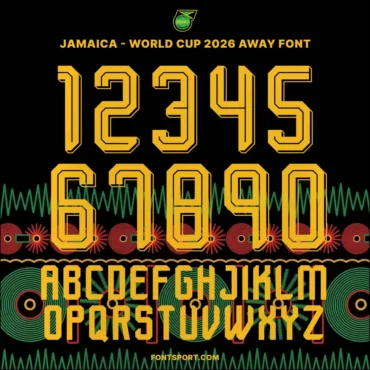 Full character set of Jamaica World Cup 2026 Away font featuring yellow inline-style numbers 0-9 and A-Z alphabet on a black background with vibrant cultural patterns.