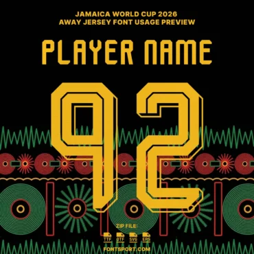 Back of a black jersey mockup showing "PLAYER NAME" and number "92" in the yellow Jamaica World Cup 2026 Away font.