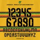 Full set of Jamaica World Cup 2026 Home font featuring rounded black numbers 0-9 and A-Z alphabet on a yellow background, Bob Marley colors and with traditional knit patterns.