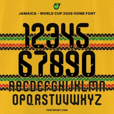 Full set of Jamaica World Cup 2026 Home font featuring rounded black numbers 0-9 and A-Z alphabet on a yellow background, Bob Marley colors and with traditional knit patterns.