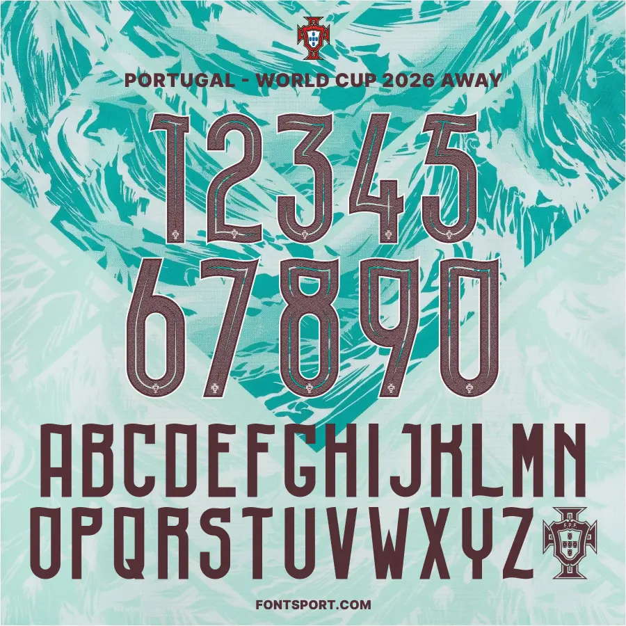 Portugal national team 2026 World Cup away jersey font full alphabet and numbers typography