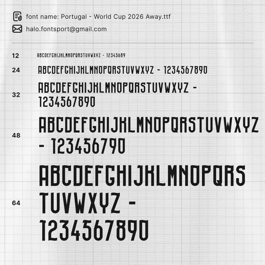Portugal World Cup 2026 Away font specimen and size guide