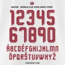 Qatar World Cup 2026 Away font kit – full alphabet and number set in maroon on white background