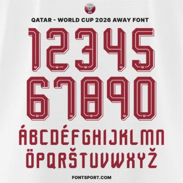 Qatar World Cup 2026 Away font kit – full alphabet and number set in maroon on white background