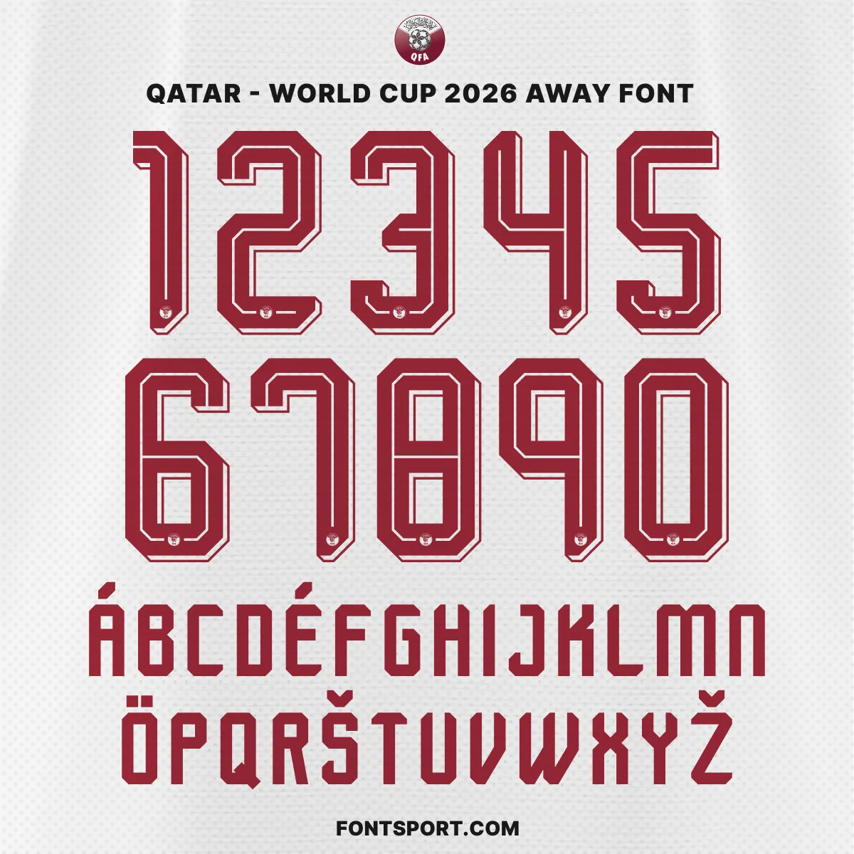 Qatar World Cup 2026 Away font kit – full alphabet and number set in maroon on white background