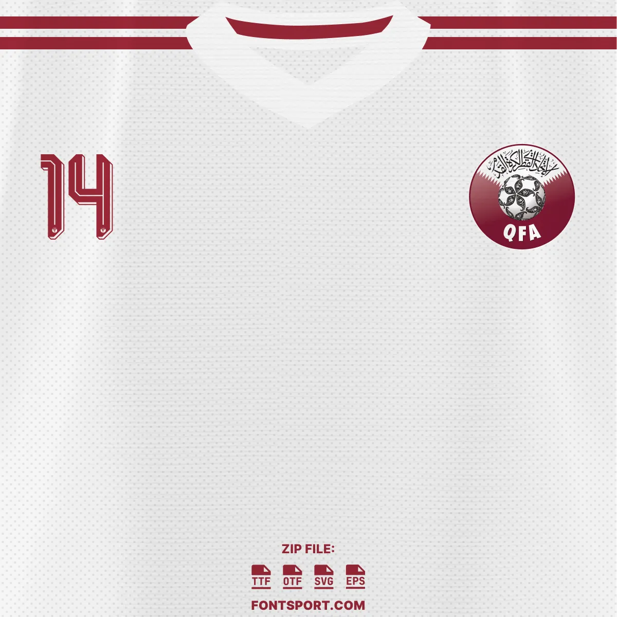 Qatar World Cup 2026 Away kit front view – number 14 and QFA crest on white adidas jersey