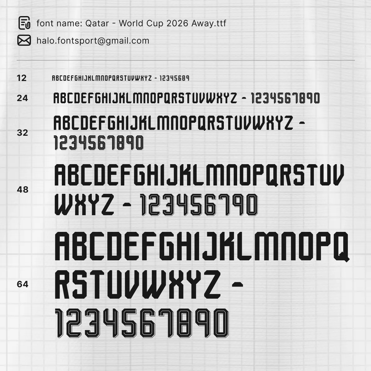 Qatar World Cup 2026 Away font – typeface size preview sheet at 12pt to 64pt, TTF format