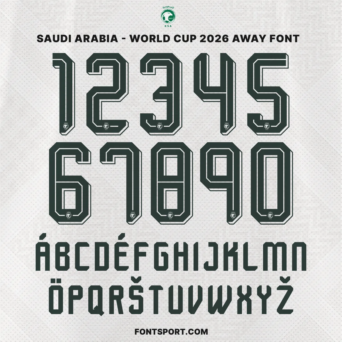 Saudi Arabia World Cup 2026 Away font kit – full alphabet and number set preview in dark green