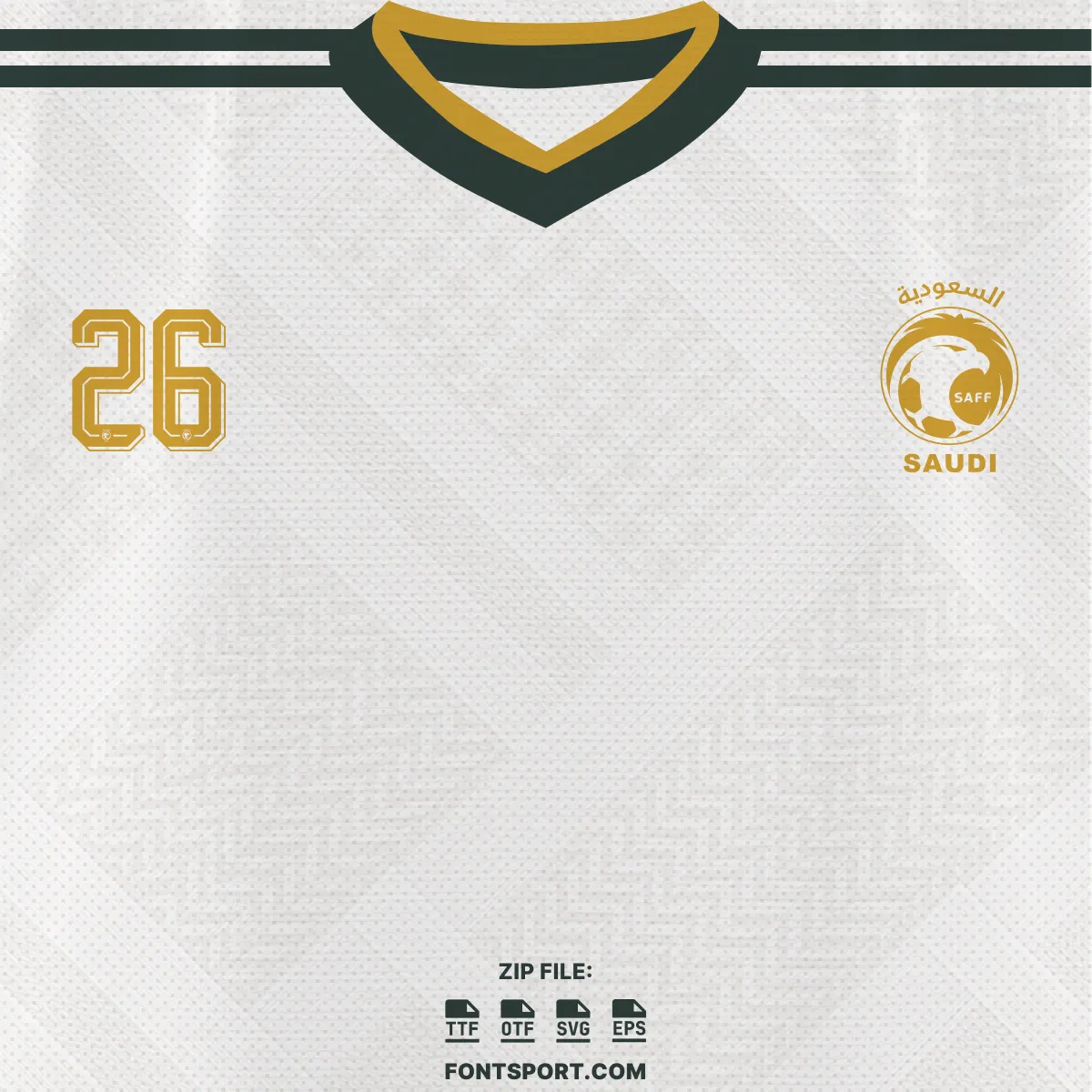Saudi Arabia World Cup 2026 Away font kit – white away jersey mockup with SAFF gold crest and number 26