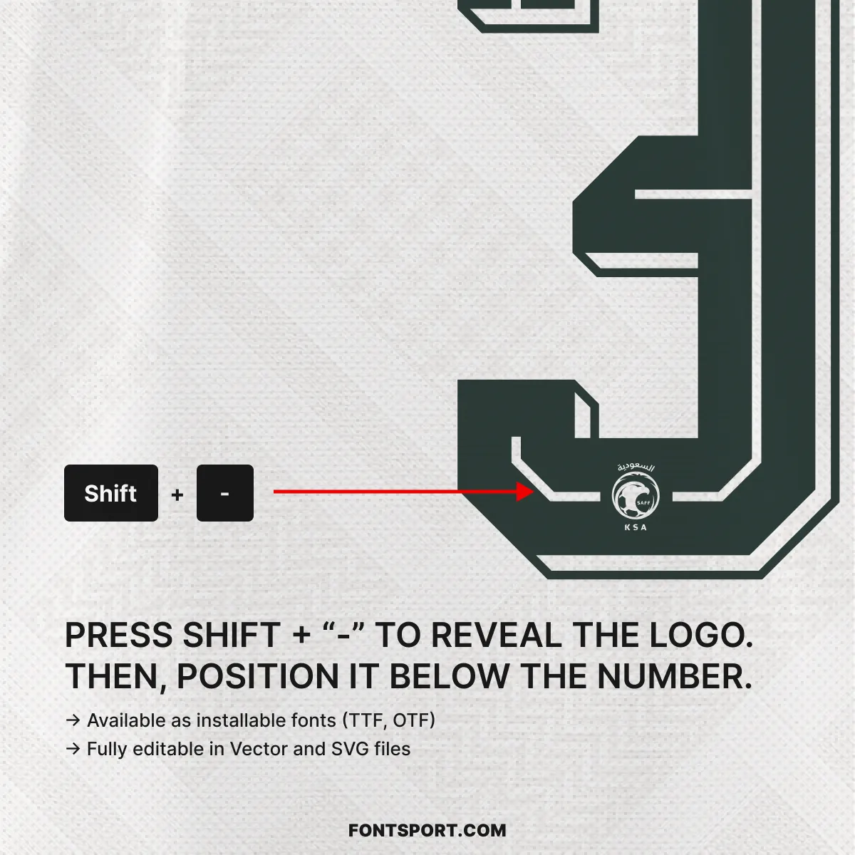 Saudi Arabia World Cup 2026 Away font kit – SAFF crest glyph revealed with Shift and minus key shortcut