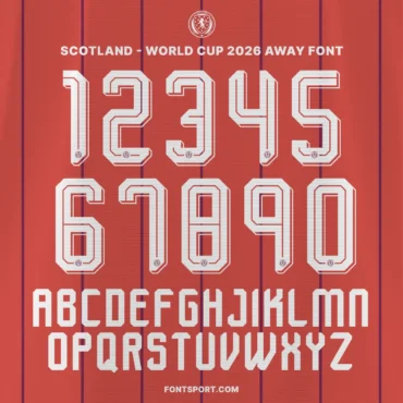 Scotland World Cup 2026 away font kit – full alphabet A–Z and numbers 0–9 preview on scarlet jersey background