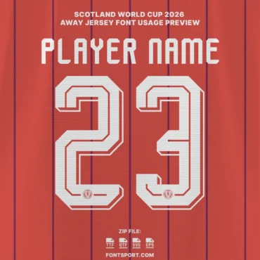 Scotland World Cup 2026 away jersey font usage preview – player name and number 23 on scarlet Adidas away kit