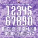 South Korea World Cup 2026 Away font kit – full alphabet A–Z and numbers 0–9 on purple mugunghwa floral background