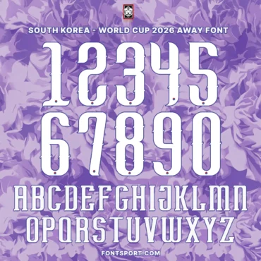 South Korea World Cup 2026 Away font kit – full alphabet A–Z and numbers 0–9 on purple mugunghwa floral background