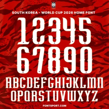 South Korea World Cup 2026 Home font kit – full alphabet A–Z and numbers 0–9 on red tiger-camo background