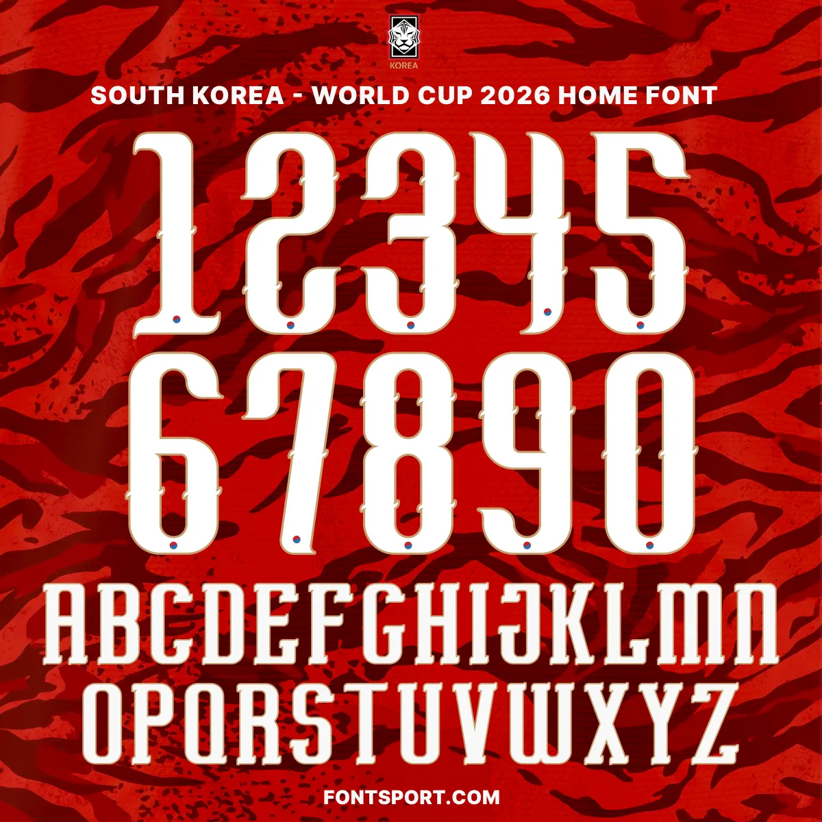 South Korea World Cup 2026 Home font kit – full alphabet A–Z and numbers 0–9 on red tiger-camo background
