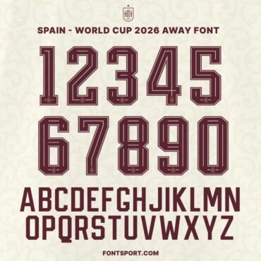 Spain World Cup 2026 away font kit alphabet and numbers preview, official style football jersey lettering A-Z and 0-9