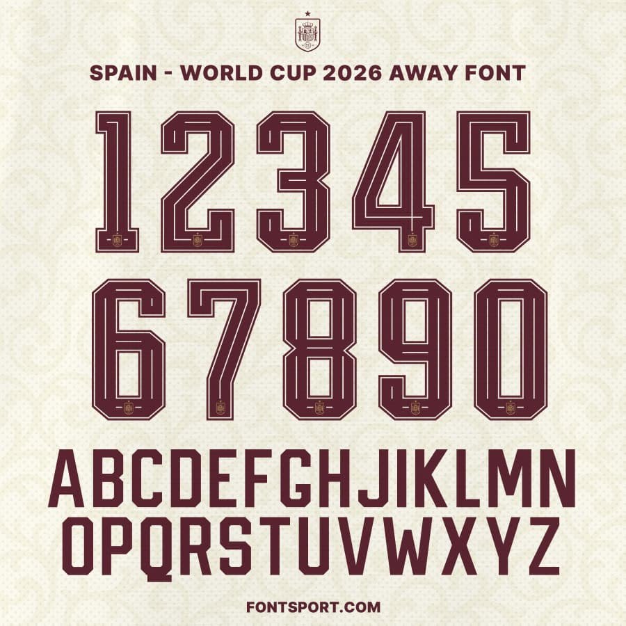Spain World Cup 2026 away font kit alphabet and numbers preview, official style football jersey lettering A-Z and 0-9