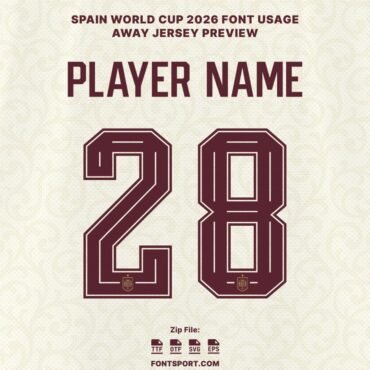 Spain World Cup 2026 away jersey font preview with player name and number 28, realistic football kit typography mockup