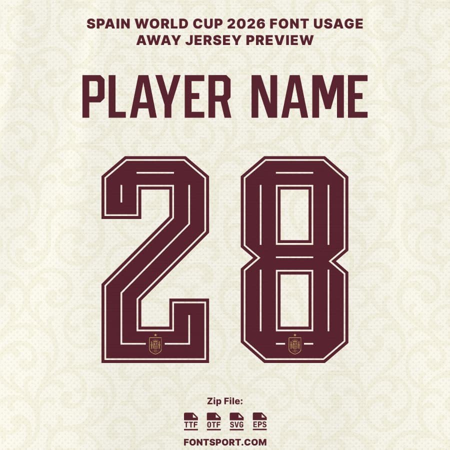 Spain World Cup 2026 away jersey font preview with player name and number 28, realistic football kit typography mockup