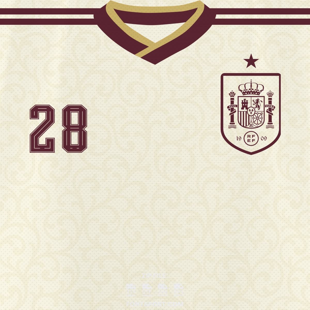 Spain 2026 away kit jersey design with official crest and number font placement, football shirt typography detail